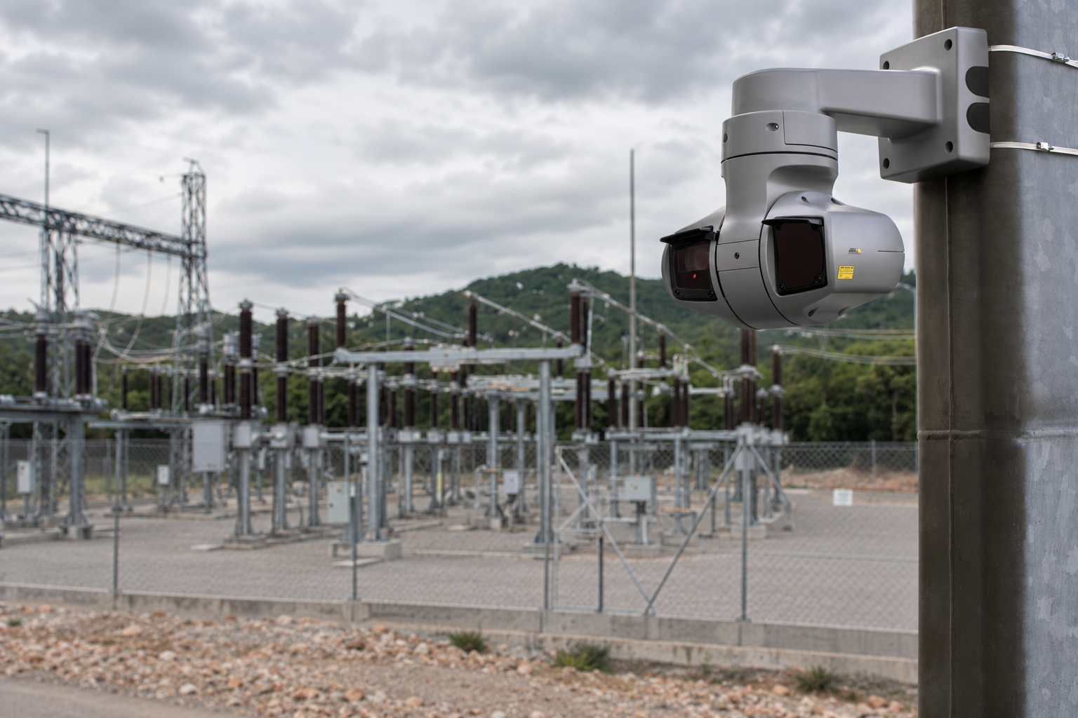 Axis PTZ camera monitoring an electrical substation